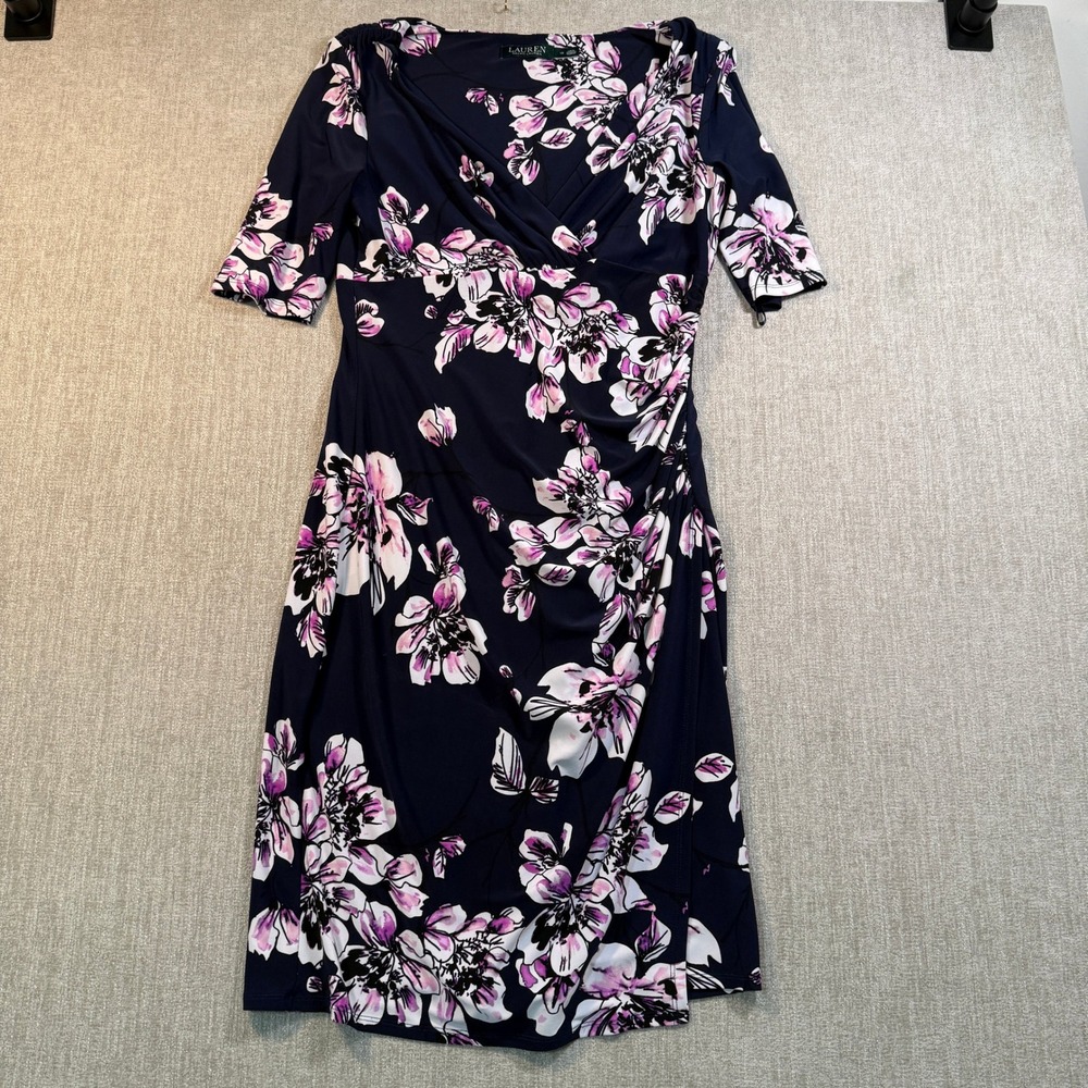 Lauren Ralph Lauren Navy Pink Floral Surplice Ruched Sheath Dress 10